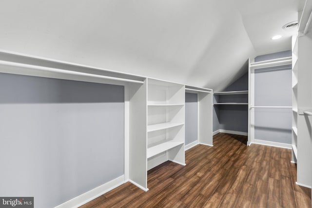 spacious closet with vaulted ceiling, dark wood finished floors, and visible vents