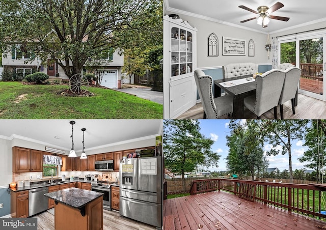 kitchen featuring sink, stainless steel appliances, ornamental molding, light hardwood / wood-style floors, and a kitchen island