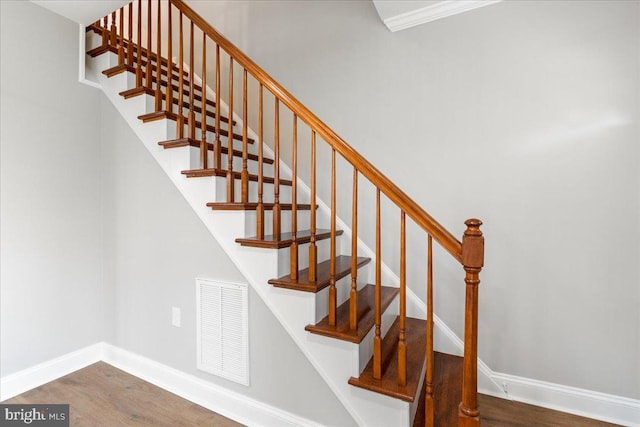 staircase with hardwood / wood-style floors