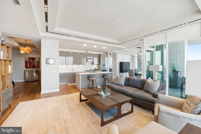 living room with light hardwood / wood-style flooring and a tray ceiling