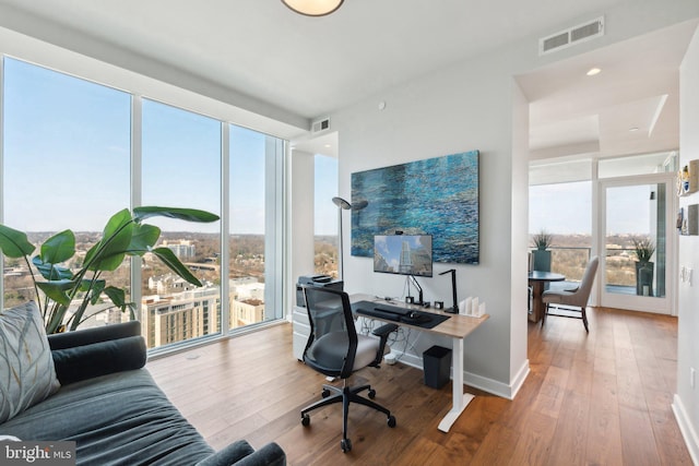 office area featuring hardwood / wood-style flooring and a wall of windows