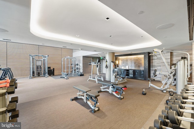 workout area with a tray ceiling