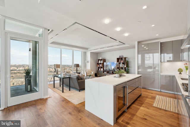 kitchen with a kitchen island, a tray ceiling, gray cabinets, and light wood-type flooring