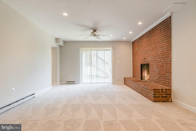 unfurnished living room with ceiling fan, light colored carpet, a fireplace, and a baseboard heating unit