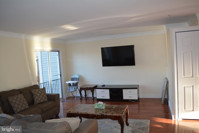 living room with crown molding and dark wood-type flooring