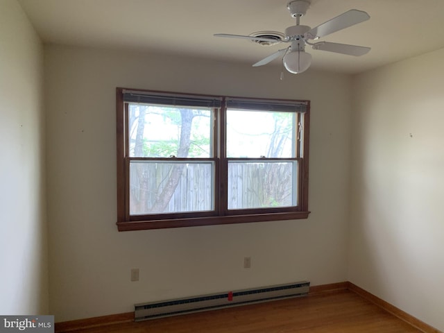 unfurnished room featuring wood-type flooring, ceiling fan, and baseboard heating