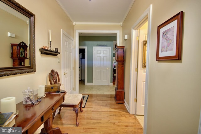 hallway featuring ornamental molding and light hardwood / wood-style floors