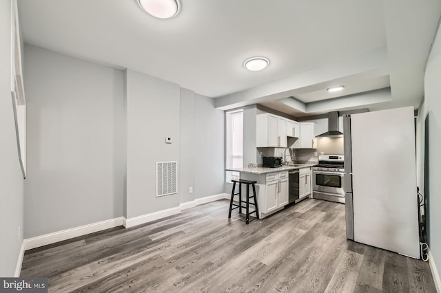 1631 N Montford Ave, Baltimore, MD 21213 - kitchen featuring wall chimney exhaust hood, light wood-type flooring, visible vents, appliances with stainless steel finishes, and a sink