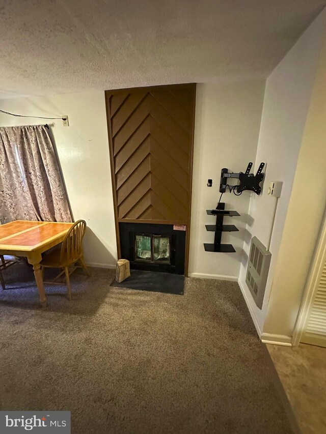 sitting room featuring heating unit, carpet floors, and a textured ceiling