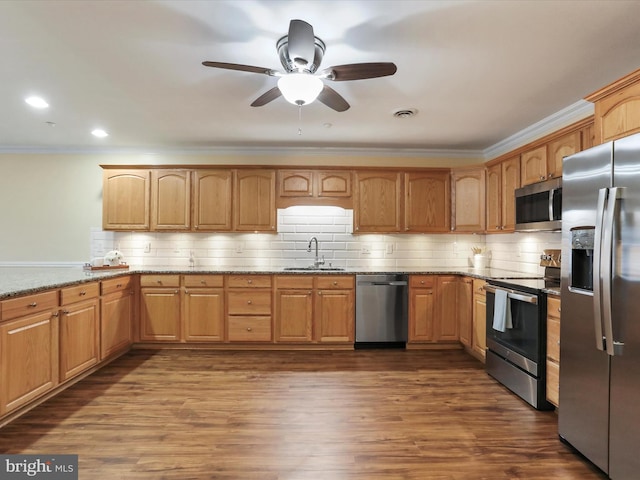 kitchen featuring dark wood-type flooring, sink, light stone counters, ornamental molding, and stainless steel appliances