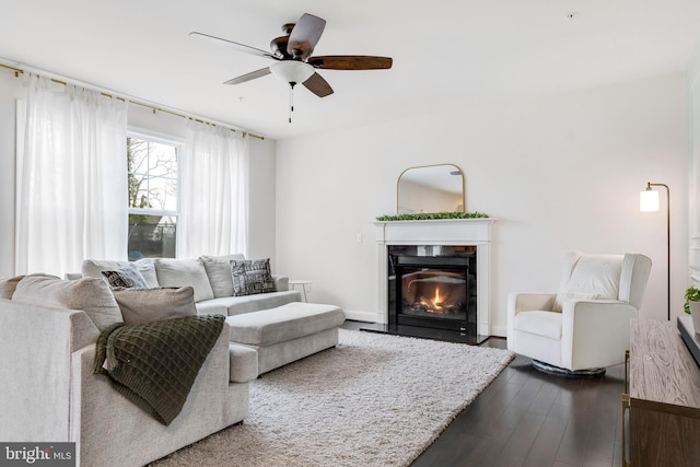 living room with ceiling fan and dark hardwood / wood-style flooring