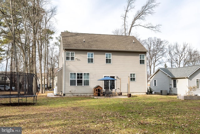 back of house featuring a yard, a patio area, and a trampoline