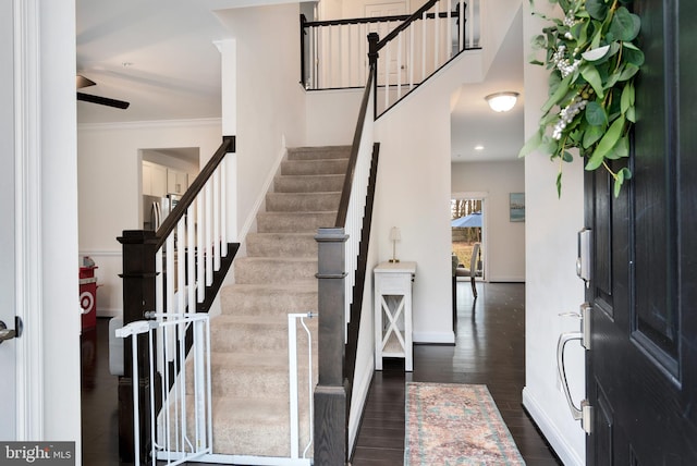 foyer entrance with ornamental molding and dark hardwood / wood-style floors