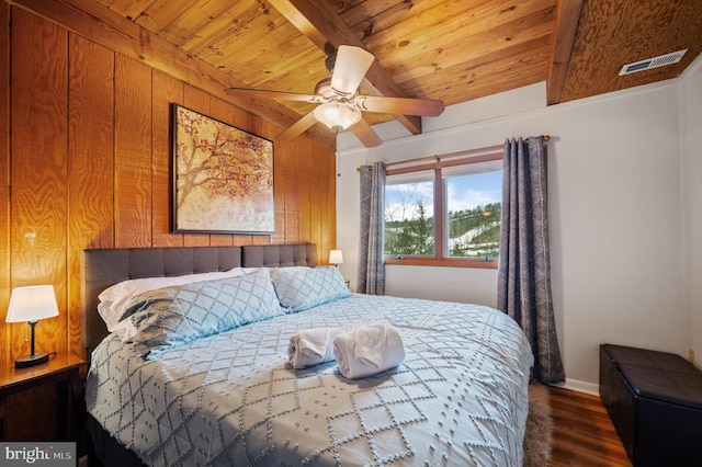 bedroom with dark hardwood / wood-style flooring, beam ceiling, wooden ceiling, and ceiling fan