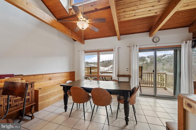 tiled dining room with a wealth of natural light, lofted ceiling with beams, and wooden ceiling