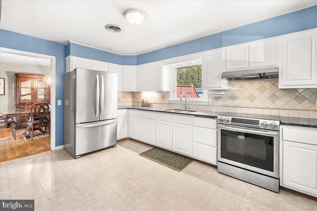 kitchen featuring stainless steel appliances, sink, decorative backsplash, and white cabinets