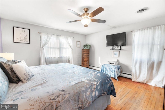 bedroom featuring ceiling fan, hardwood / wood-style floors, and baseboard heating