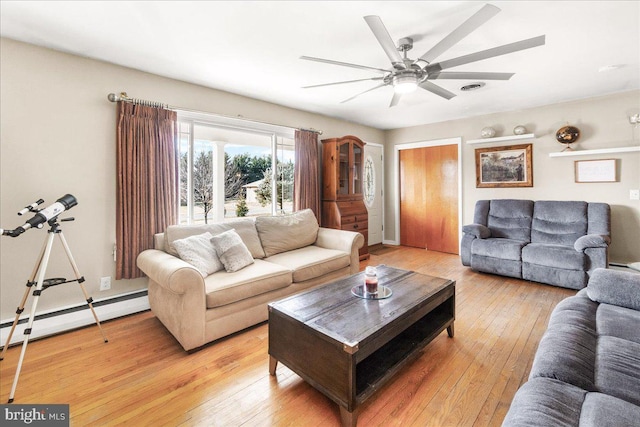 living room featuring ceiling fan, a baseboard heating unit, and light hardwood / wood-style floors