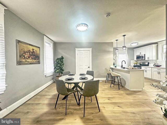 dining room with sink, light hardwood / wood-style flooring, and a healthy amount of sunlight