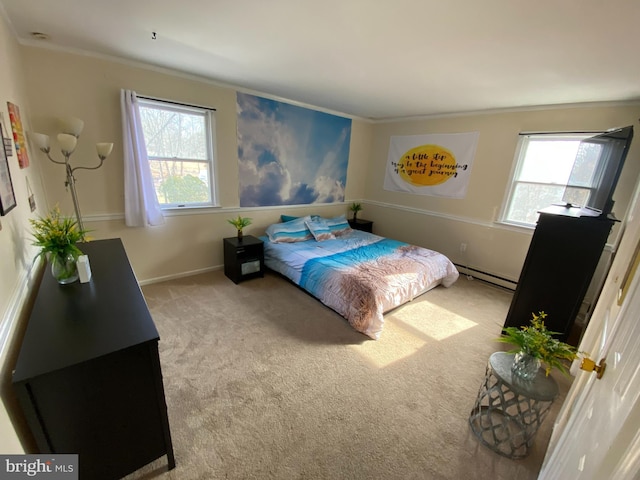 carpeted bedroom with a baseboard heating unit