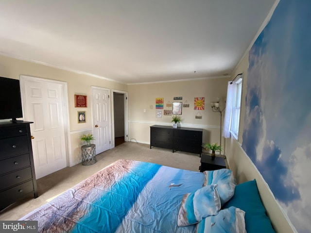 bedroom featuring light colored carpet and ornamental molding