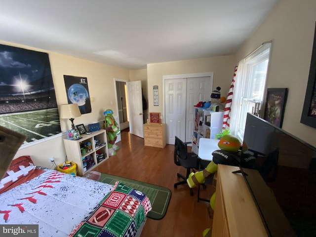 bedroom with hardwood / wood-style flooring and a closet