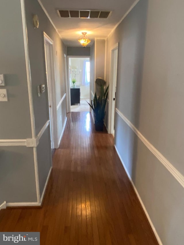 corridor with an inviting chandelier and dark hardwood / wood-style flooring