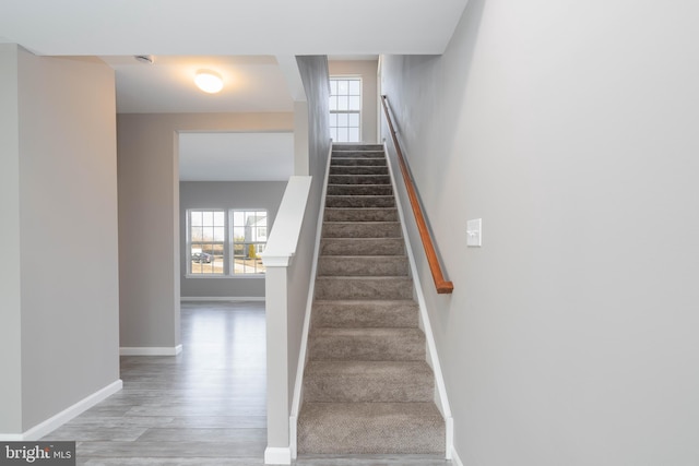 stairway featuring a healthy amount of sunlight and wood-type flooring