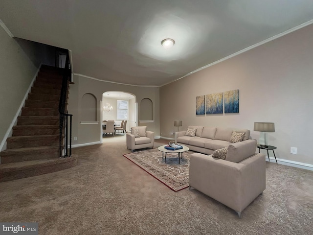 living room with crown molding and carpet floors