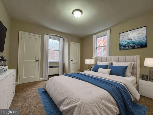 carpeted bedroom featuring radiator heating unit and multiple windows