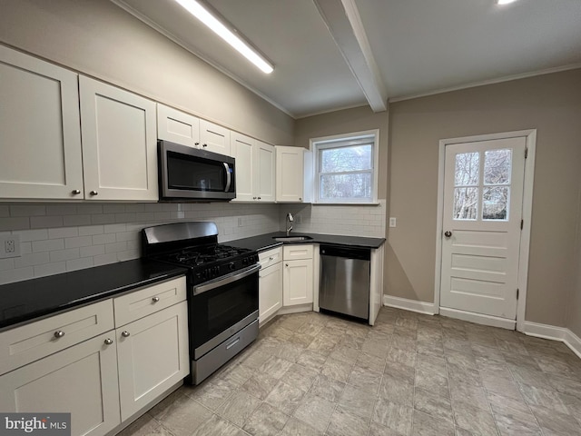 kitchen with sink, backsplash, stainless steel appliances, white cabinets, and beamed ceiling