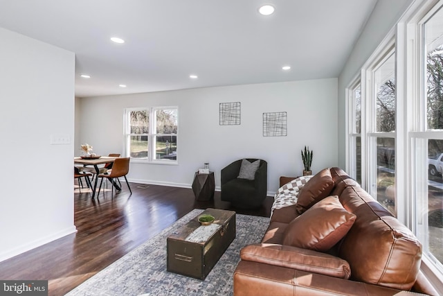 living room featuring dark wood-type flooring