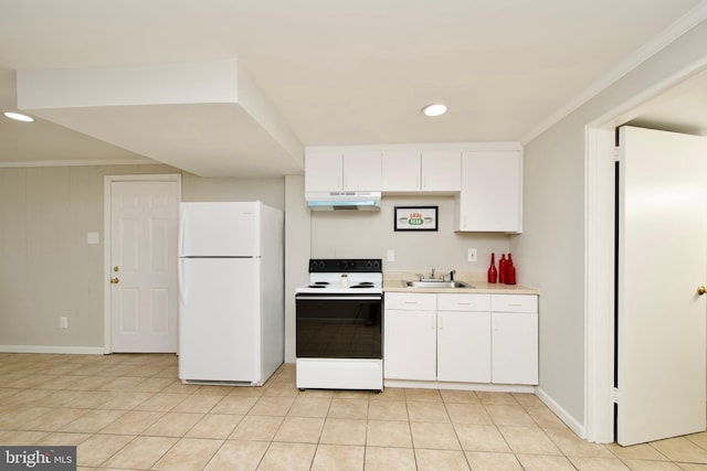 kitchen featuring sink, light tile patterned floors, white cabinets, and white appliances