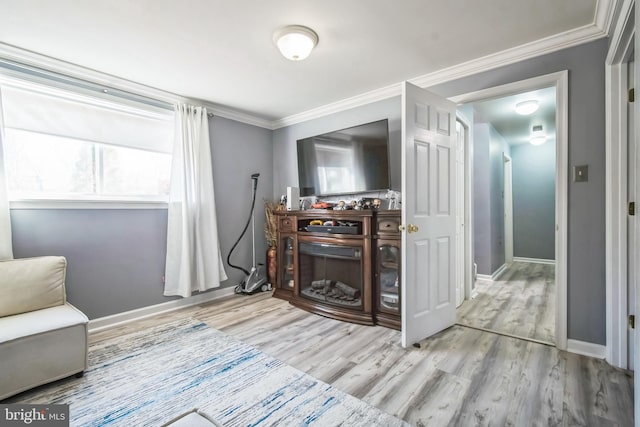 interior space featuring light wood-style floors, baseboards, and crown molding