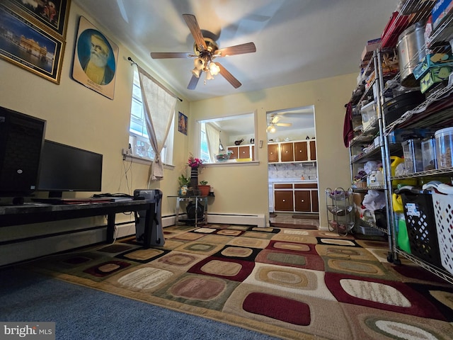 interior space featuring ceiling fan and baseboard heating