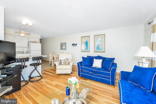 living room featuring light hardwood / wood-style flooring and ceiling fan