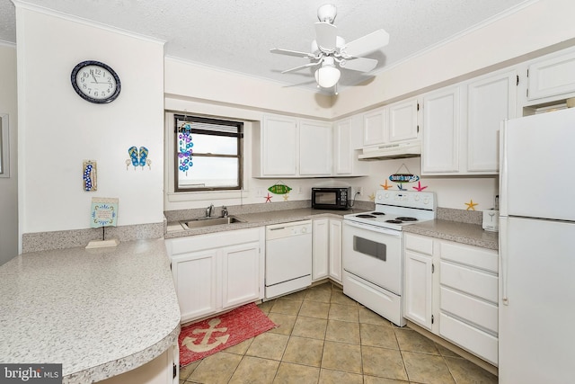 kitchen with white cabinetry, white appliances, sink, and a textured ceiling