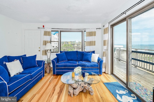 living room featuring hardwood / wood-style floors, a textured ceiling, and a water view