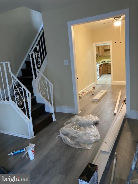 stairway with hardwood / wood-style floors