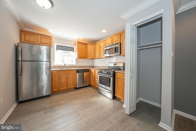 kitchen with ornamental molding, appliances with stainless steel finishes, light hardwood / wood-style floors, and sink