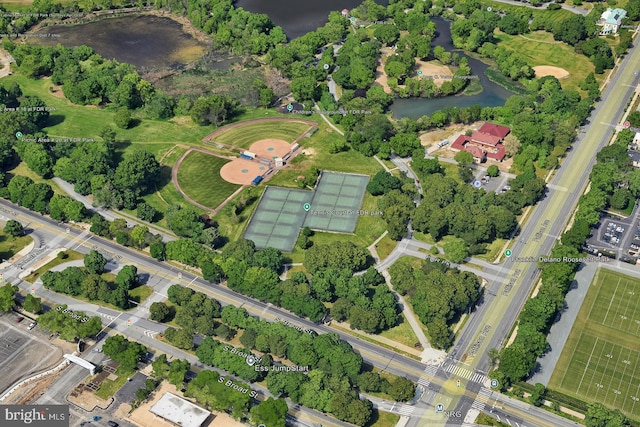 bird's eye view with a water view