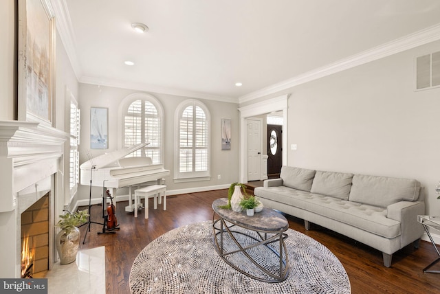 living room with dark wood-type flooring, ornamental molding, and a premium fireplace