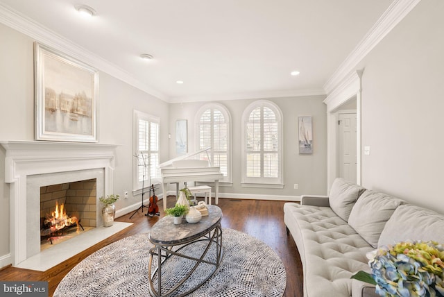 living room with crown molding and dark hardwood / wood-style floors