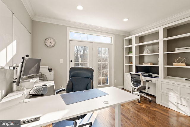 office area with ornamental molding and dark hardwood / wood-style flooring