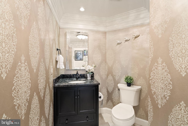 bathroom with crown molding, tile patterned floors, vanity, and toilet