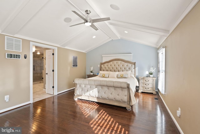 bedroom with lofted ceiling with beams, dark wood-type flooring, ceiling fan, and ensuite bath