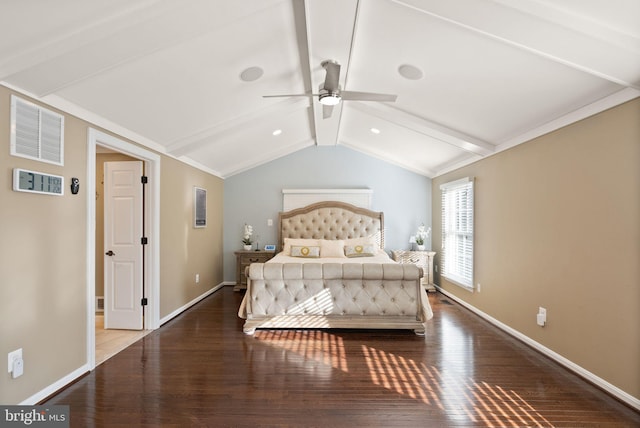 bedroom featuring ceiling fan, hardwood / wood-style floors, and vaulted ceiling with beams