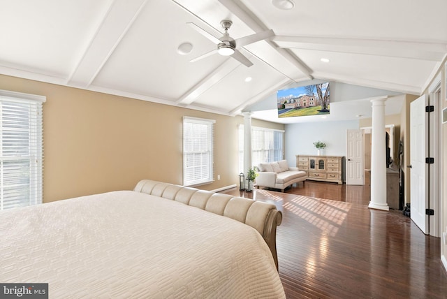 bedroom with vaulted ceiling with beams, dark wood-type flooring, and ornate columns