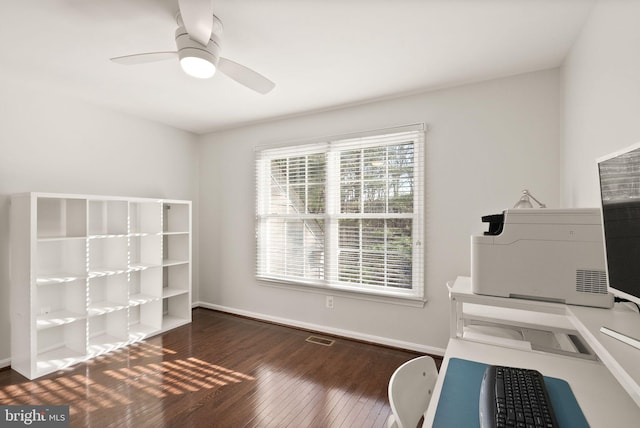 office with plenty of natural light, dark wood-type flooring, and ceiling fan