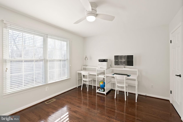 home office featuring dark hardwood / wood-style floors and ceiling fan